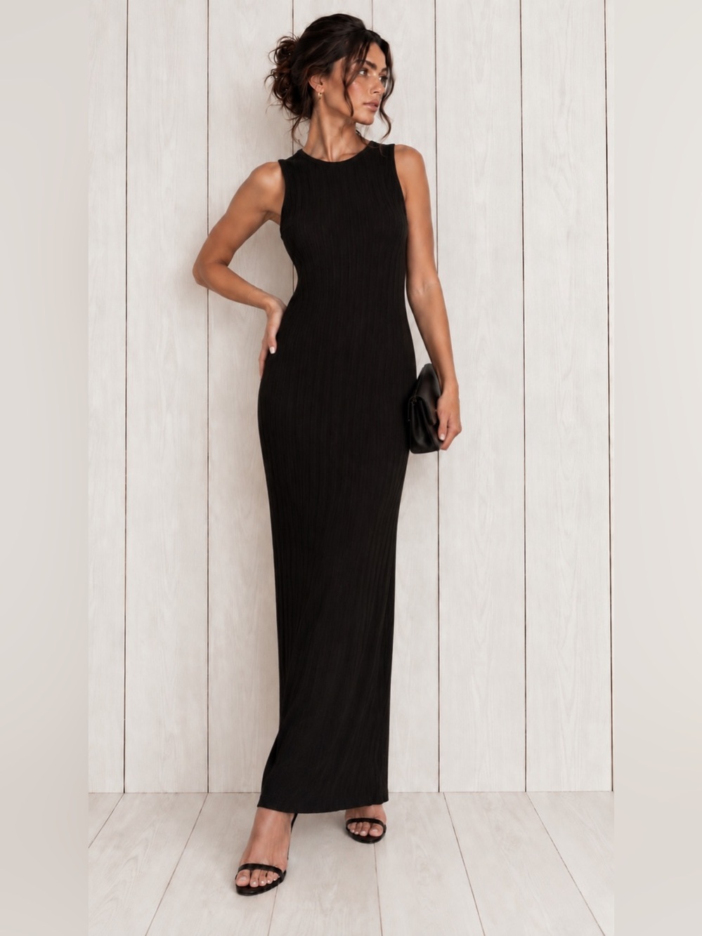 Vibe Sportswear Women’s Black Knit Ribbed Stretch Maxi Dress XL Round Neck